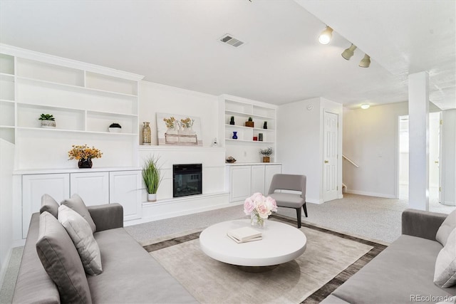 7158 W Roxbury Ave, Littleton, CO 80128 - living area with baseboards, visible vents, a glass covered fireplace, and built in features