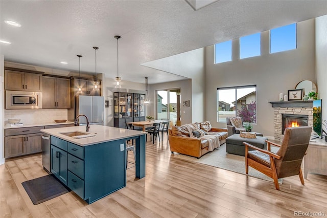 6093 Carmon Dr, Windsor, CO 80550 - kitchen featuring a sink, light wood-style floors, stainless steel appliances, and open floor plan