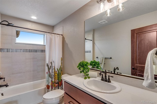 6093 Carmon Dr, Windsor, CO 80550 - bathroom with a textured wall, vanity, shower / bath combo with shower curtain, toilet, and visible vents