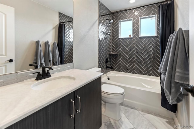 4504 N Picadilly Ct, Aurora, CO 80019 - bathroom with vanity, shower / bathtub combination with curtain, and marble finish floors