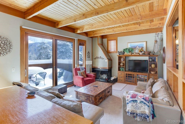 living room featuring light carpet, beam ceiling, and wood ceiling