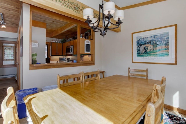 dining area with an inviting chandelier, wood ceiling, a toaster, and baseboards