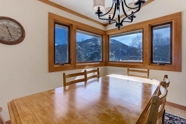 dining room with a chandelier, baseboards, and wood finished floors