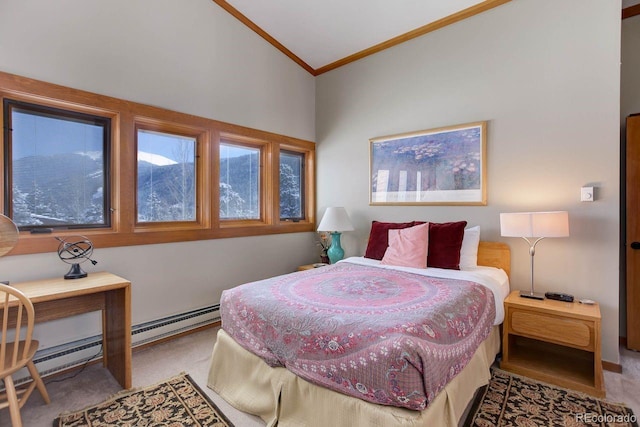 carpeted bedroom with a baseboard heating unit, lofted ceiling, and crown molding