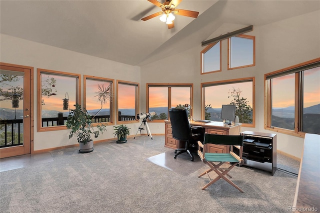 13954 Pine Country Ln, Conifer, CO 80433 - office area featuring carpet flooring, a ceiling fan, and high vaulted ceiling