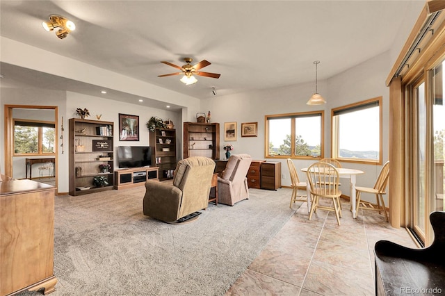 13954 Pine Country Ln, Conifer, CO 80433 - carpeted living room with ceiling fan and recessed lighting