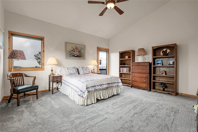 13954 Pine Country Ln, Conifer, CO 80433 - carpeted bedroom featuring high vaulted ceiling and ceiling fan