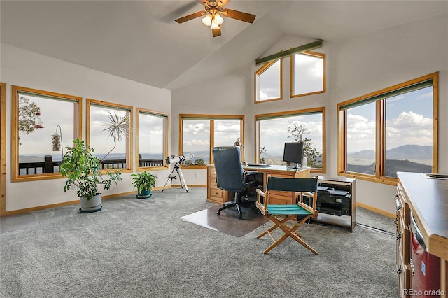 13954 Pine Country Ln, Conifer, CO 80433 - carpeted home office featuring a ceiling fan and high vaulted ceiling