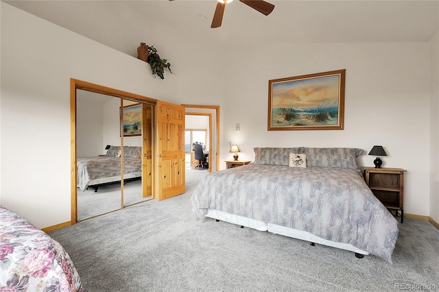 13954 Pine Country Ln, Conifer, CO 80433 - carpeted bedroom with a closet, a ceiling fan, and vaulted ceiling