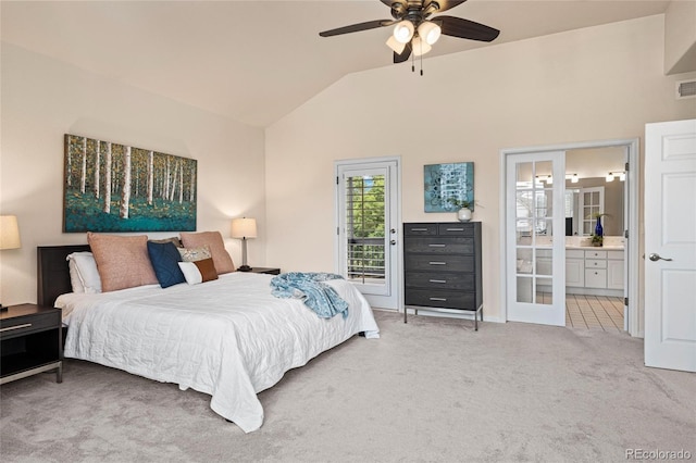16862 W 65th Cir, Arvada, CO 80007 - bedroom featuring light carpet, lofted ceiling, access to exterior, ensuite bathroom, and ceiling fan
