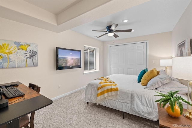 16862 W 65th Cir, Arvada, CO 80007 - bedroom with carpet flooring, a closet, recessed lighting, and a ceiling fan
