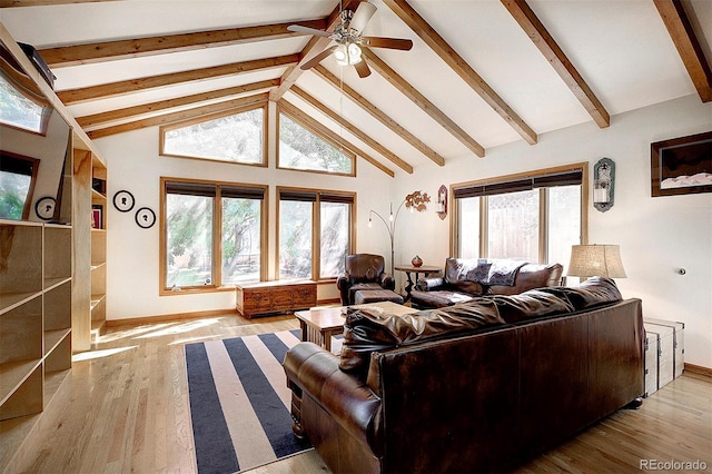 living room featuring light wood-type flooring, high vaulted ceiling, beam ceiling, and ceiling fan