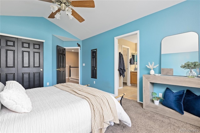 2043 Fendlebrush St, Highlands Ranch, CO 80129 - bedroom featuring lofted ceiling, carpet flooring, ensuite bathroom, ceiling fan, and a closet
