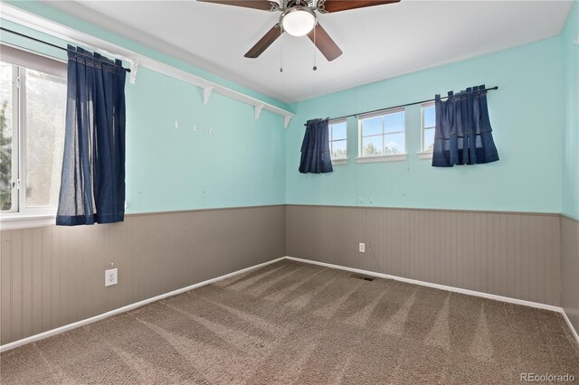 2043 Fendlebrush St, Highlands Ranch, CO 80129 - carpeted spare room featuring wainscoting, ceiling fan, and wood walls