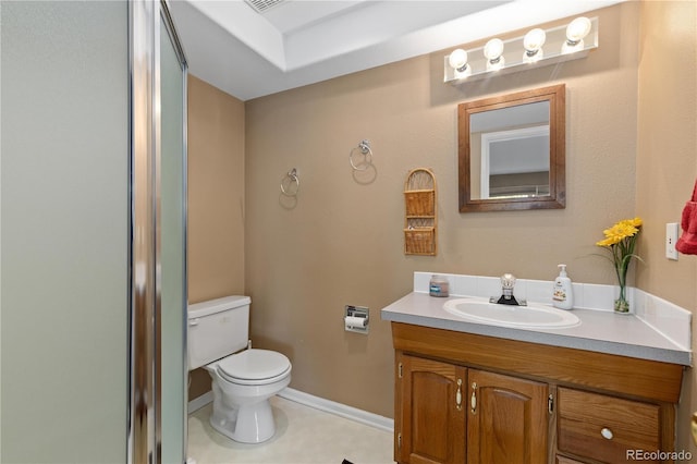 2043 Fendlebrush St, Highlands Ranch, CO 80129 - bathroom featuring vanity, toilet, a shower with door, tile patterned flooring, and baseboards