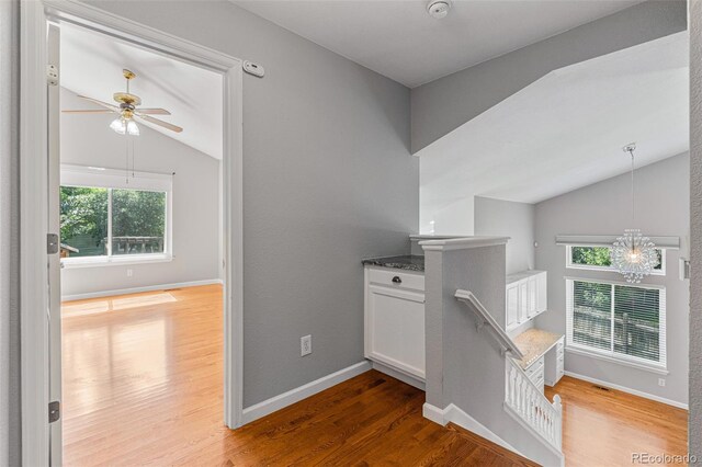 corridor featuring a wealth of natural light, lofted ceiling, and hardwood / wood-style flooring