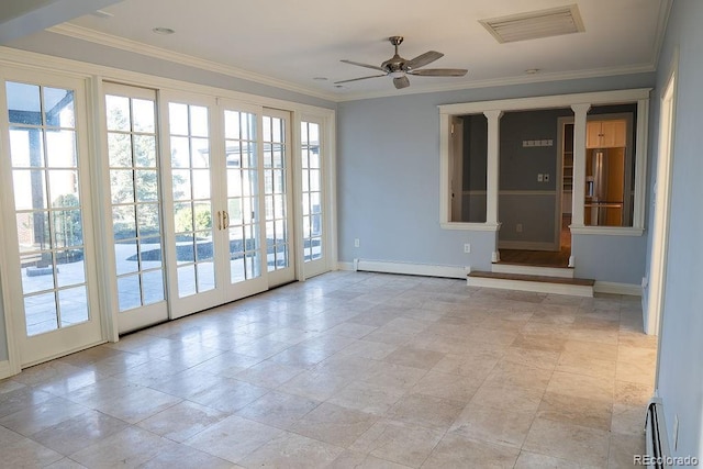 empty room with a baseboard radiator, baseboards, ceiling fan, and crown molding