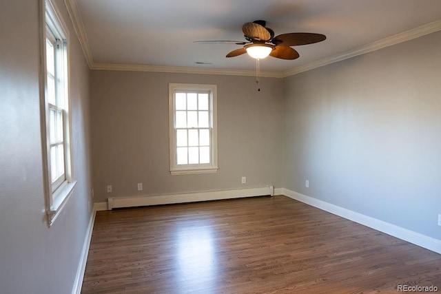 unfurnished room featuring a baseboard radiator, a ceiling fan, dark wood-style floors, baseboards, and crown molding