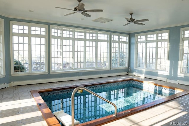 view of pool featuring ceiling fan and an in-ground hot tub
