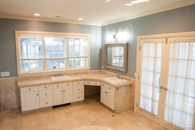 bathroom with crown molding, tile walls, vanity, a wainscoted wall, and recessed lighting