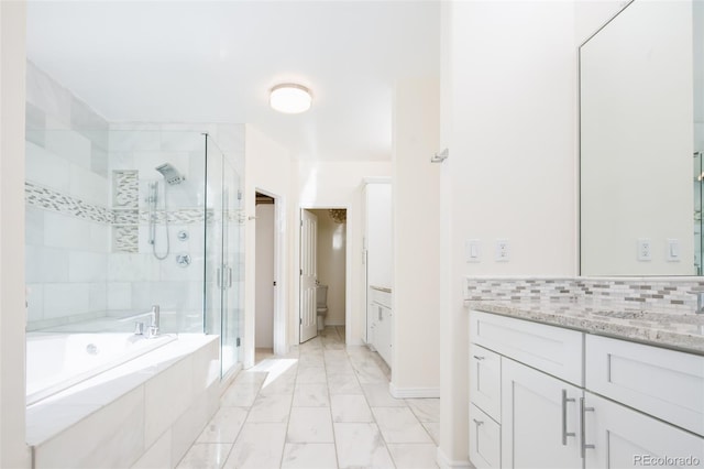 full bathroom featuring plus walk in shower, decorative backsplash, vanity, and toilet