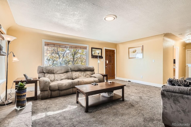 living room with carpet and a textured ceiling