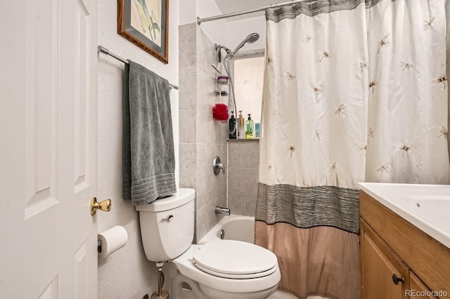 full bathroom with toilet, vanity, and shower / tub combo with curtain