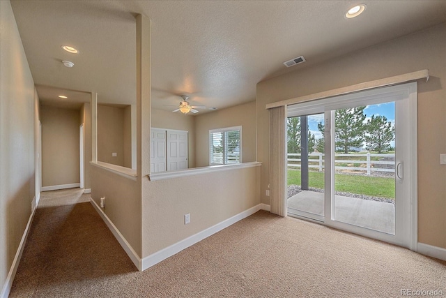 interior space featuring a wealth of natural light, ceiling fan, and a textured ceiling