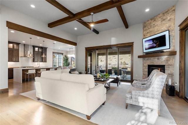 living room with a stone fireplace, light wood-type flooring, and a healthy amount of sunlight