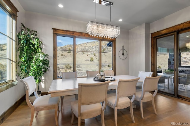 dining room featuring baseboards, wood finished floors, and recessed lighting