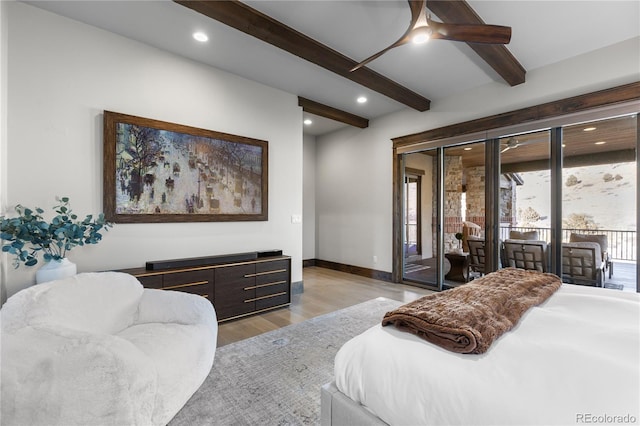 bedroom featuring recessed lighting, baseboards, light wood-style floors, access to outside, and beamed ceiling