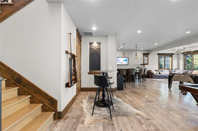 kitchen with recessed lighting, pool table, visible vents, baseboards, and light wood-style floors