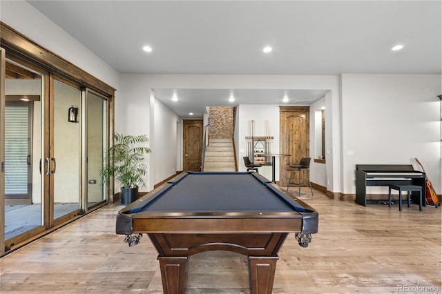 playroom featuring light wood-type flooring, pool table, baseboards, and recessed lighting