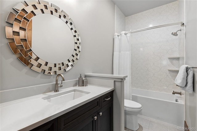 full bath with shower / tub combo, tile patterned flooring, vanity, and toilet