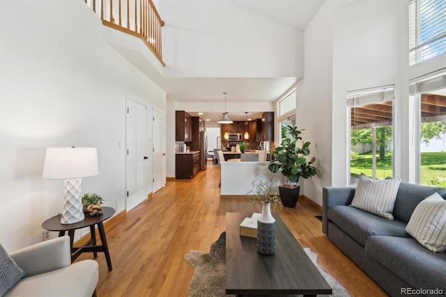 5625 W 109th Cir, Westminster, CO 80020 - living room featuring a towering ceiling, plenty of natural light, and light wood-style flooring