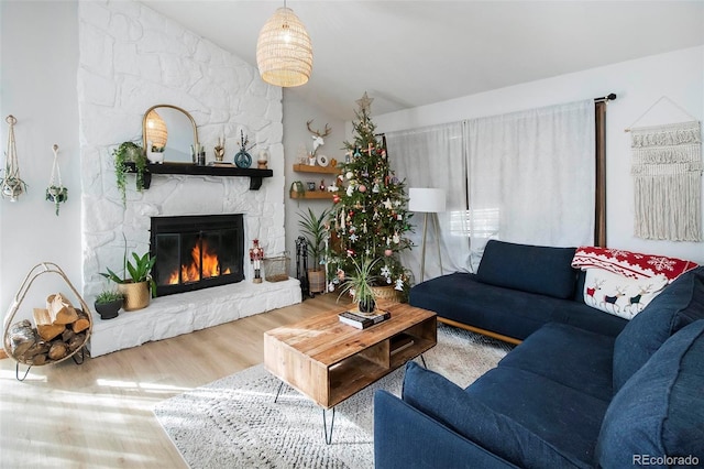 living room with a stone fireplace and wood-type flooring