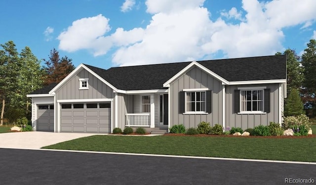 view of front of home featuring concrete driveway, a front lawn, and board and batten siding