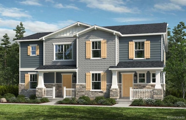 craftsman house featuring covered porch, stone siding, a front lawn, and board and batten siding