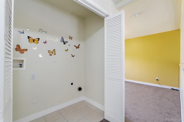 laundry room with washer hookup, light colored carpet, and hookup for an electric dryer