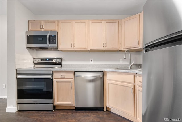 kitchen with light countertops, a sink, light brown cabinets, and appliances with stainless steel finishes