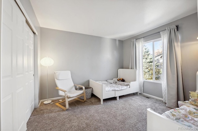 bedroom with carpet flooring and a closet