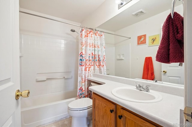 full bathroom with shower / bathtub combination with curtain, vanity, and toilet