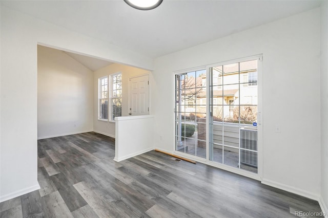 spare room featuring plenty of natural light, lofted ceiling, and dark wood-type flooring