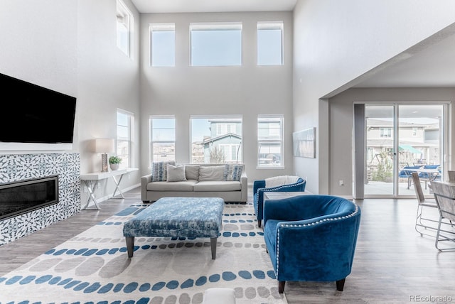 living room featuring baseboards, wood finished floors, and a fireplace