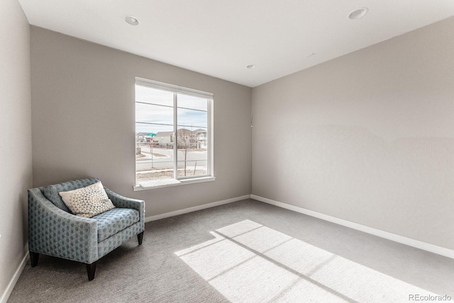 living area featuring baseboards and carpet flooring