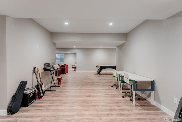 rec room featuring recessed lighting, baseboards, and wood finished floors