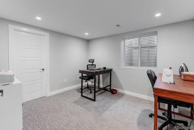 office with carpet flooring, recessed lighting, visible vents, and baseboards