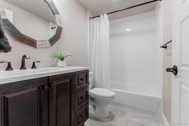 full bath with toilet, vanity, and shower / bath combination with curtain