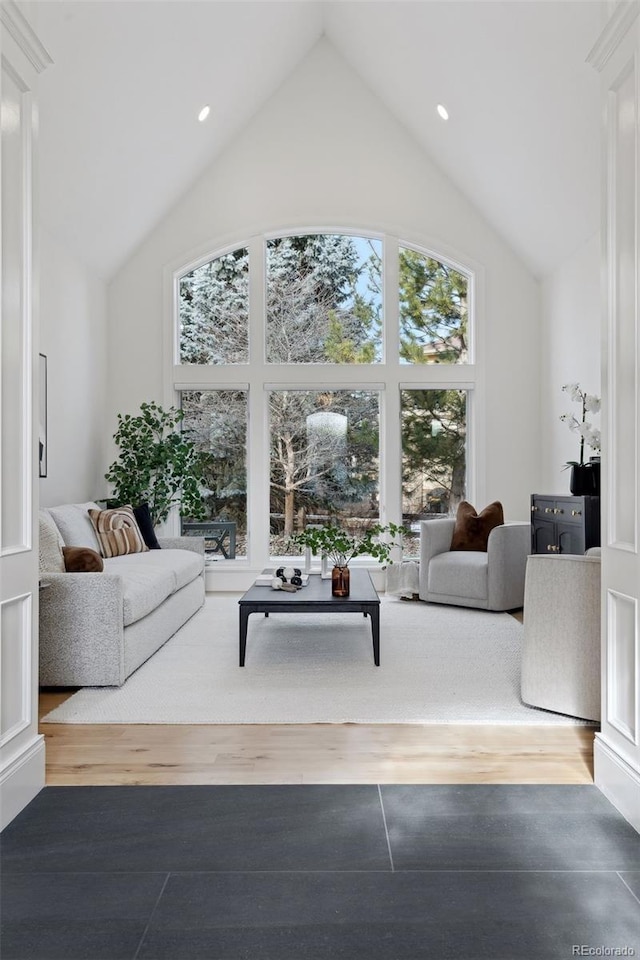 living room with high vaulted ceiling