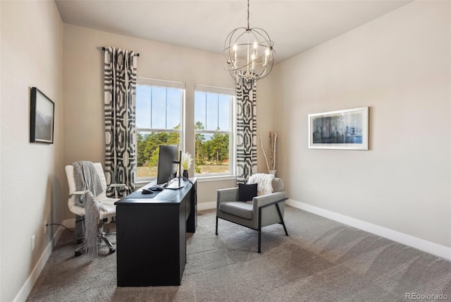 office featuring baseboards, carpet flooring, and a chandelier